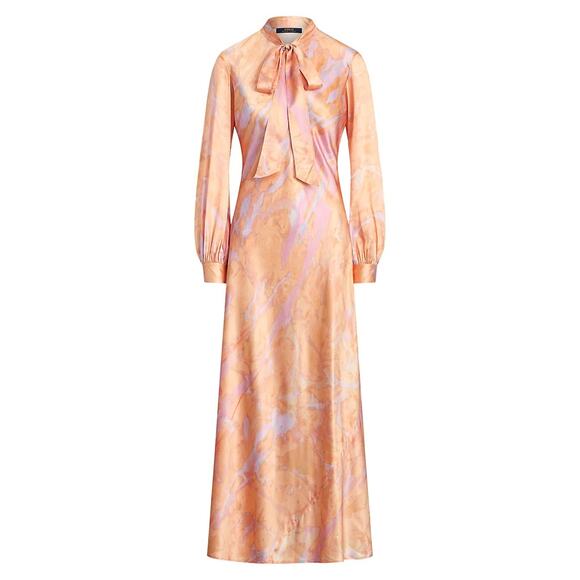 NWD Polo Ralph Lauren Rily 100% Silk Tie Collar Maxi Dress Sz 4 Peach Dye #1H458 - Picture 1 of 14